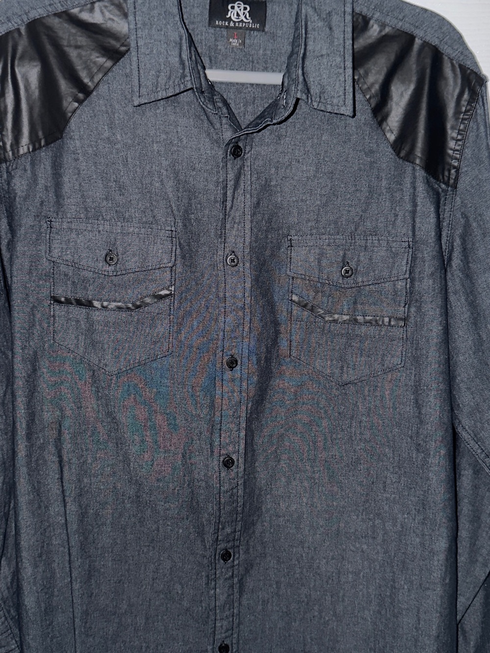 Rock & Republic Gray Button-Down Shirt with Black Faux Leather Shoulders